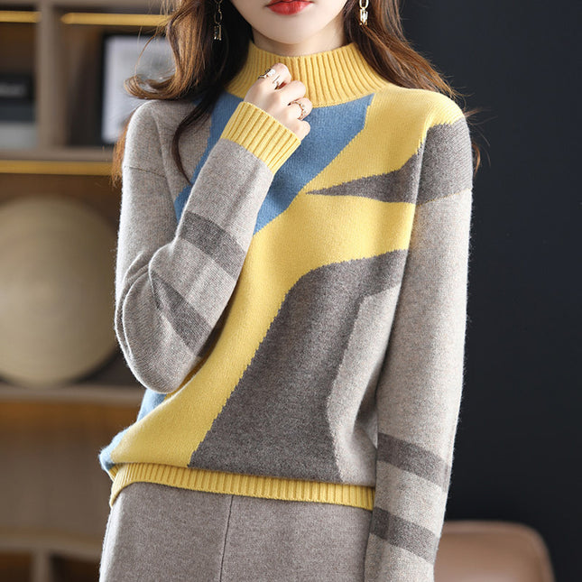 Women's Half-high Pullover Loose Color Matching 100% Pure Wool Sweater