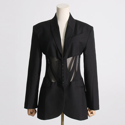 Women's Autumn Fishbone Waist Mesh Splicing Slim See-through Blazer