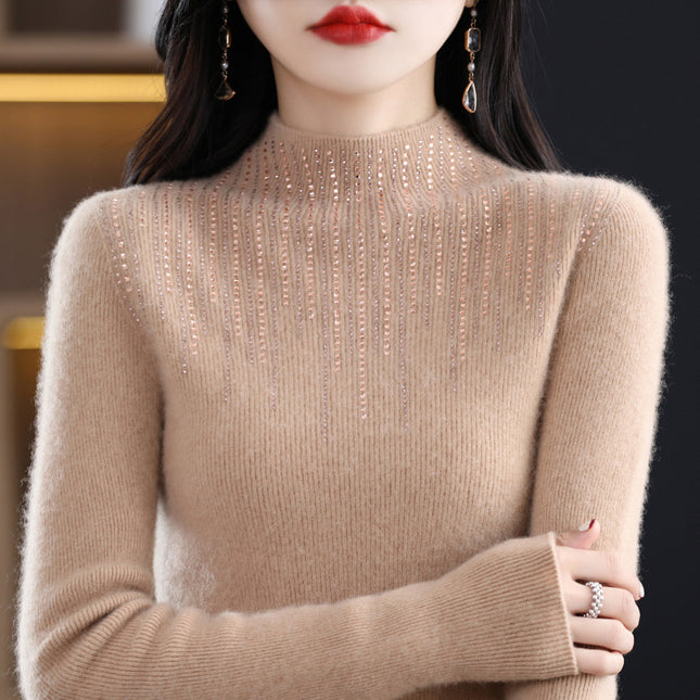 Women's Half Turtleneck Rhinestone High Elastic Pullover Wool Sweater