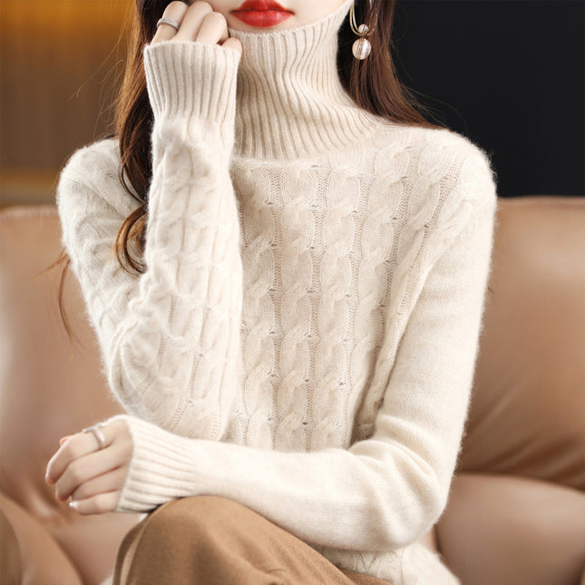 Women's High Lapel Loose Cable-knit Cashmere 100% Pure Wool Sweater