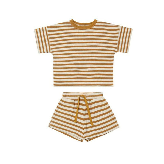 Wholesale Infant Baby Summer Waffle Striped Short Sleeve Shorts Set