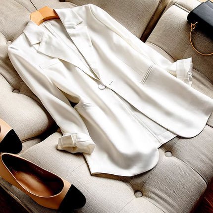 Wholesale Women's Spring Autumn White Long Sleeve Satin Thin Blazer