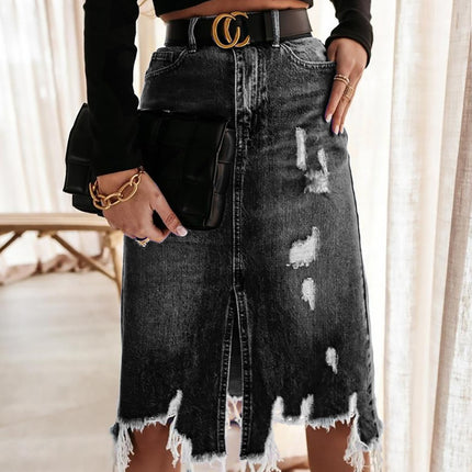 Women's Summer Denim Washed Irregular Hole Tassel Mid-length Skirt