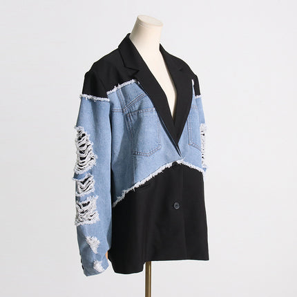 Women's Spring Loose Contrast Color Patchwork Denim Blazer Jacket Top