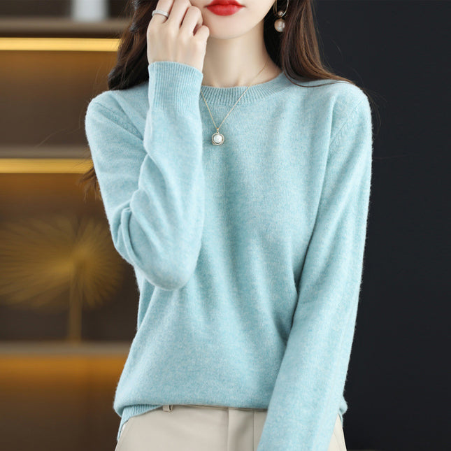 Women's Round Neck 100% Pure Wool Pullover Short Solid Color Sweater