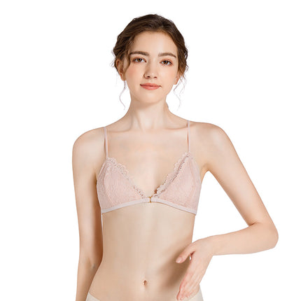 Women's Summer Lace Front Button Triangle Cup Underwear Cotton Feel Wireless Bra