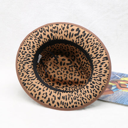Men's Warm Fall Winter Woolen Splicing Leopard Print Contrast Stripe Jazz Hat 