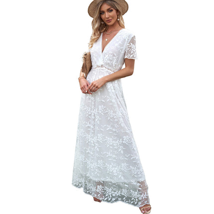 Wholesale Ladies Summer Lace Hook Flower Hollow Solid Color Maxi Dress