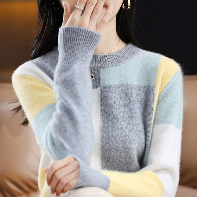 Women's Round Neck Color Matching 100% Pure Wool Sweater