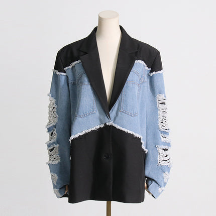 Women's Spring Loose Contrast Color Patchwork Denim Blazer Jacket Top