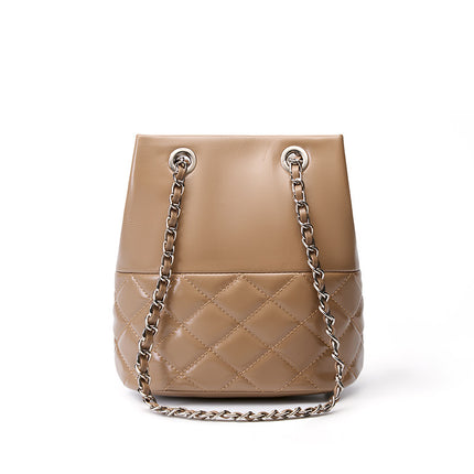 Women's Genuine Leather Rhombus Chain Bucket Bag Shoulder Crossbody Bag