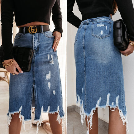 Women's Summer Denim Washed Irregular Hole Tassel Mid-length Skirt