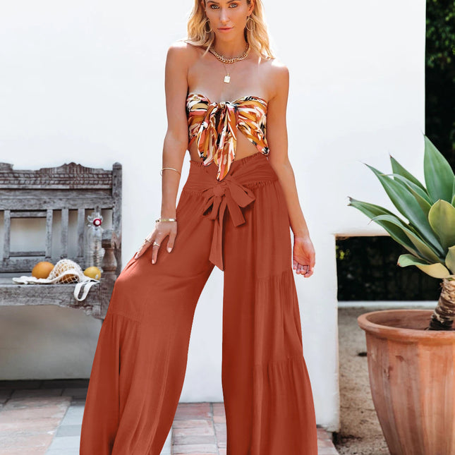 Wholesale Women's Fashion Temperament Bandage Elastic Waist Pleated Casual Loose Wide Leg Pants