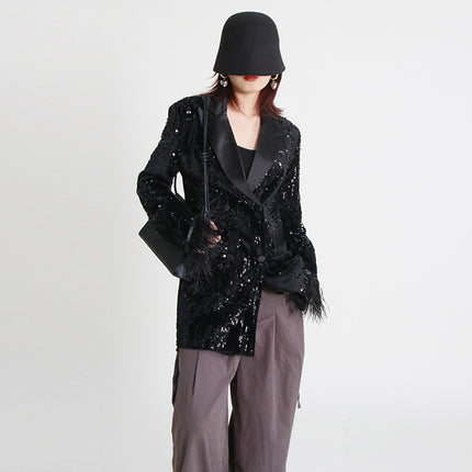 Wholesale Women's V-neck Sequined Ostrich Patchwork Blazer 