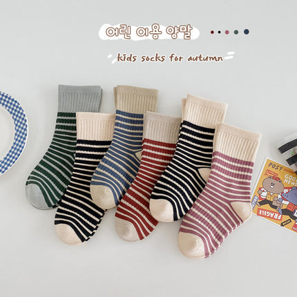 Wholesale 3 Pairs Kids Autumn Striped Mid-calf Cotton Socks