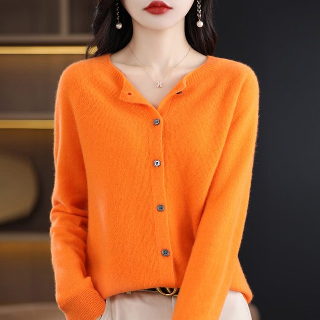 Women's Solid Color Round Neck 100% Wool Knitted Cardigan Jacket