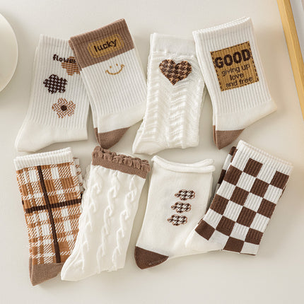 Women's Fall Winter Striped Cotton Pile Socks Plaid Smiley Mid-calf Socks