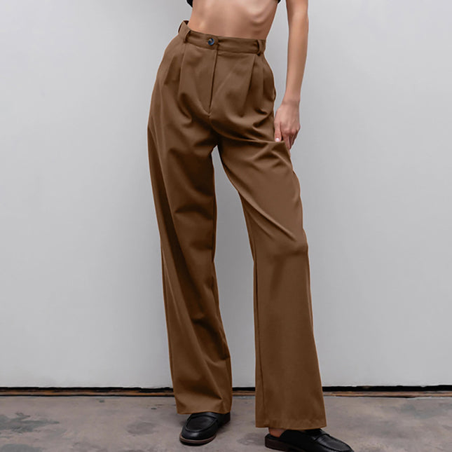 Wholesale Women's Autumn Winter Brown High Waist Casual Loose Straight Pants