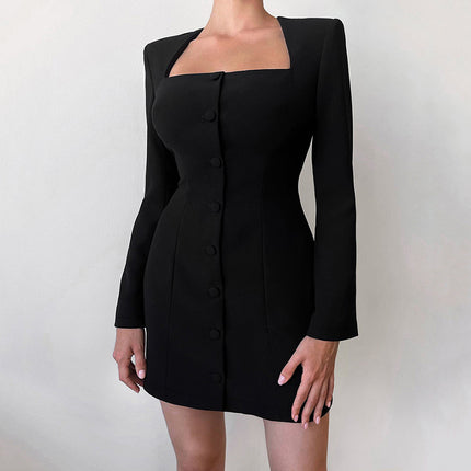 Wholesale Women's Fall Right Angle Shoulder Black Dress Slim Fit Sexy Package Hip Dress