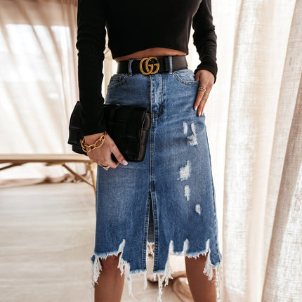 Women's Summer Denim Washed Irregular Hole Tassel Mid-length Skirt