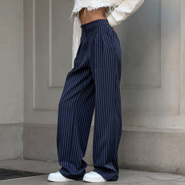 Women's Autumn and Winter Navy Striped High Waist Straight Wide Leg Pants