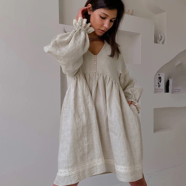 Women's Summer Cotton and Linen French V-neck Lantern Sleeve Loose Dress