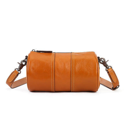 Women's Shoulder Crossbody Bag Cylindrical Bag Genuine Leather Large Capacity Retro Pillow Bag 