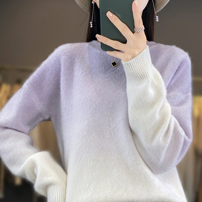 Women's Round Neck Color Matching Loose 100% Pure Wool Sweater