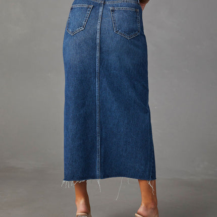 Wholesale Women's Slit Denim High Waist Washed Mid Length Skirt