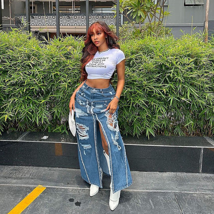 Women's Denim Distressed Ripped High-waisted Zipper Splicing Pockets Slit Loose-fitting Maxi Skirt