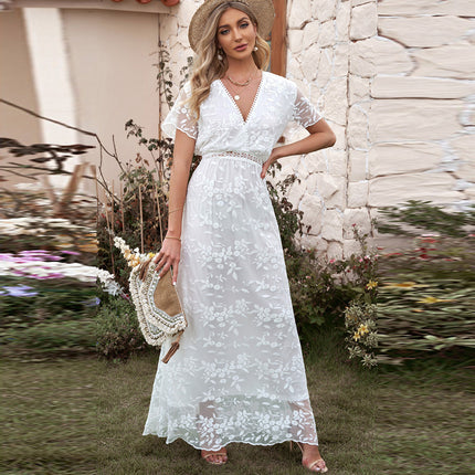 Wholesale Ladies Summer Lace Hook Flower Hollow Solid Color Maxi Dress