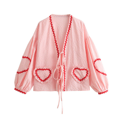 Women's Summer Check Heart Lantern Sleeve V-Neck Ribbon Shirt