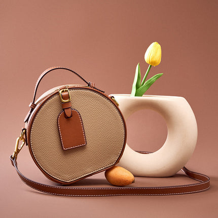 Women's Genuine Leather Bag Spring and Summer First Layer Cowhide Portable Shoulder Round Cake Bag