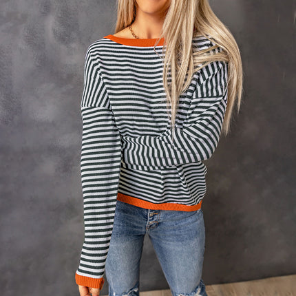 Wholesale Women's Trimmed Stripe Drop Shoulder Knitwear Loose Versatile Long Sleeve Tops