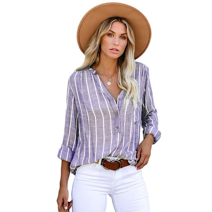 Wholesale Autumn Ladies Striped Shirt Single Breasted Long Sleeve