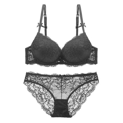 Women's Lace Top Thin Bottom Thick Sponge Cup Sexy Lace Push Up Bra Set