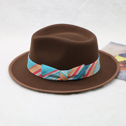Men's Warm Fall Winter Woolen Splicing Leopard Print Contrast Stripe Jazz Hat 