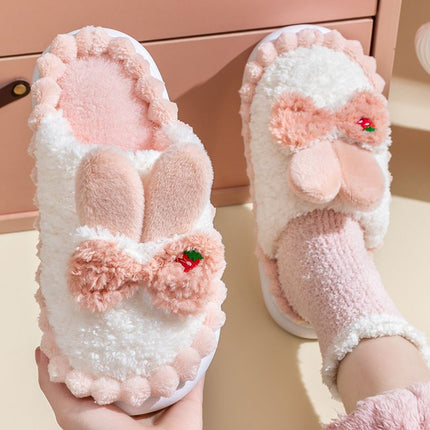 Wholesale Women's Winter Cute Cartoon Bow Rabbit Warm Faux Fur Slippers