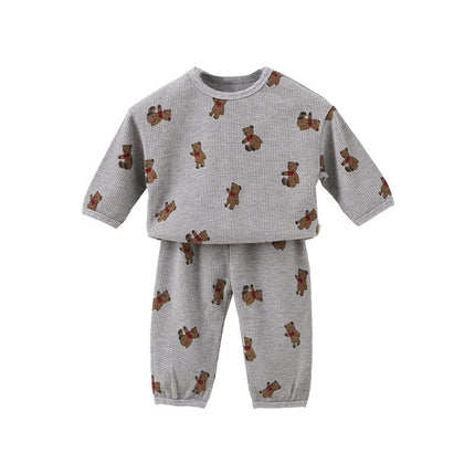 Wholesale Spring Newborn Baby Clothes Infant Cotton Waffle Round Neck Sweater Two-Piece Set