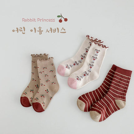 Wholesale 3 Paris of Children's Fall Cherry Flower Mid-calf Socks