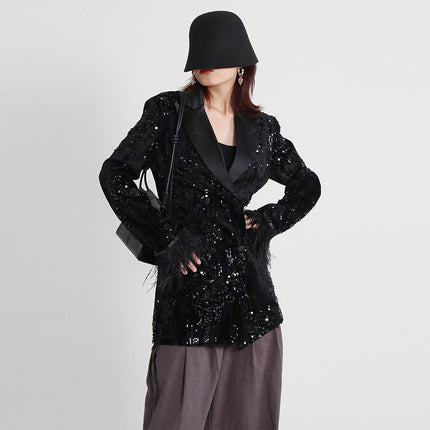 Wholesale Women's V-neck Sequined Ostrich Patchwork Blazer