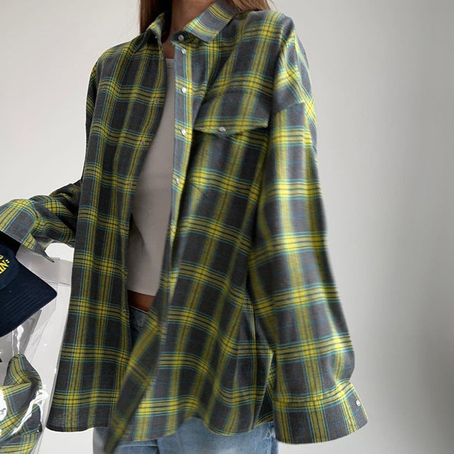 Women's Spring/Autumn Lapel Loose Plaid Long Sleeve Pocket Shirt