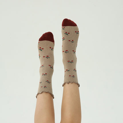 Wholesale 3 Paris of Children's Fall Cherry Flower Mid-calf Socks