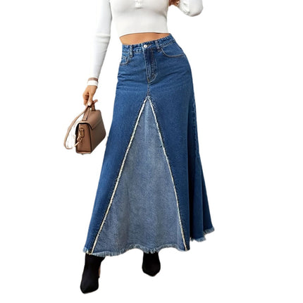 Wholesale Women's Frayed Color Block High Waist Washed Slit Raw Edge Denim Skirt