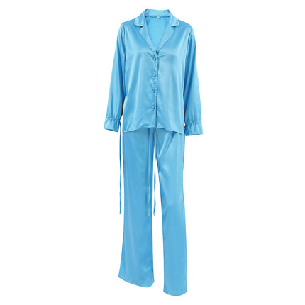 Wholesale Ladies Spring Suit Satin Collar Long Sleeve Casual Straight Leg Pants Two Piece Set