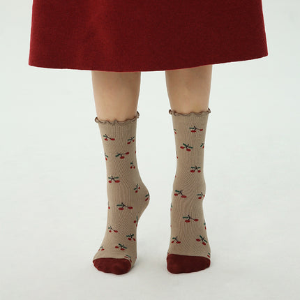 Wholesale 3 Paris of Children's Fall Cherry Flower Mid-calf Socks