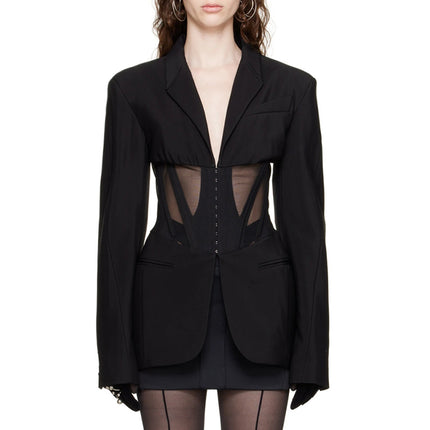 Women's Autumn Fishbone Waist Mesh Splicing Slim See-through Blazer