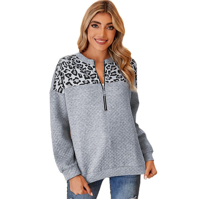 Wholesale Women's Winter Casual Zippered Leopard Spliced Drop Sleeve Hoodies