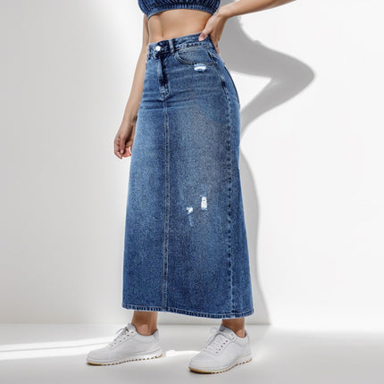 Wholesale Women's Ripped High-waisted Denim Skirt with Splits