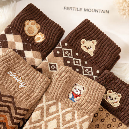 Women's Winter Terry Thickened Velvet Warm Embroidered Cartoon Bear Mid-calf Socks